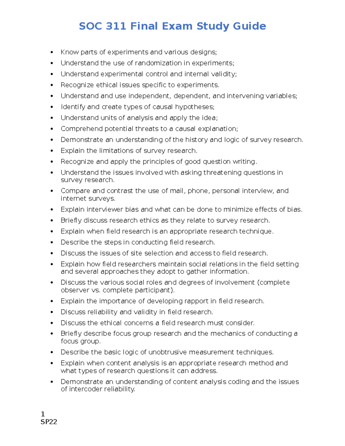 SOC 311 Final Exam Comprehensive Study Guide - Studocu