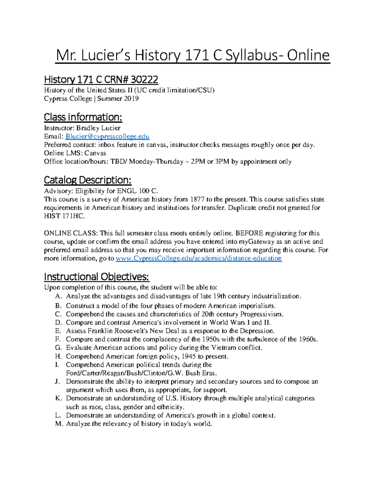 HIST 171 C - Online Syllabus: History of the U.S. II (Summer 2019 ...
