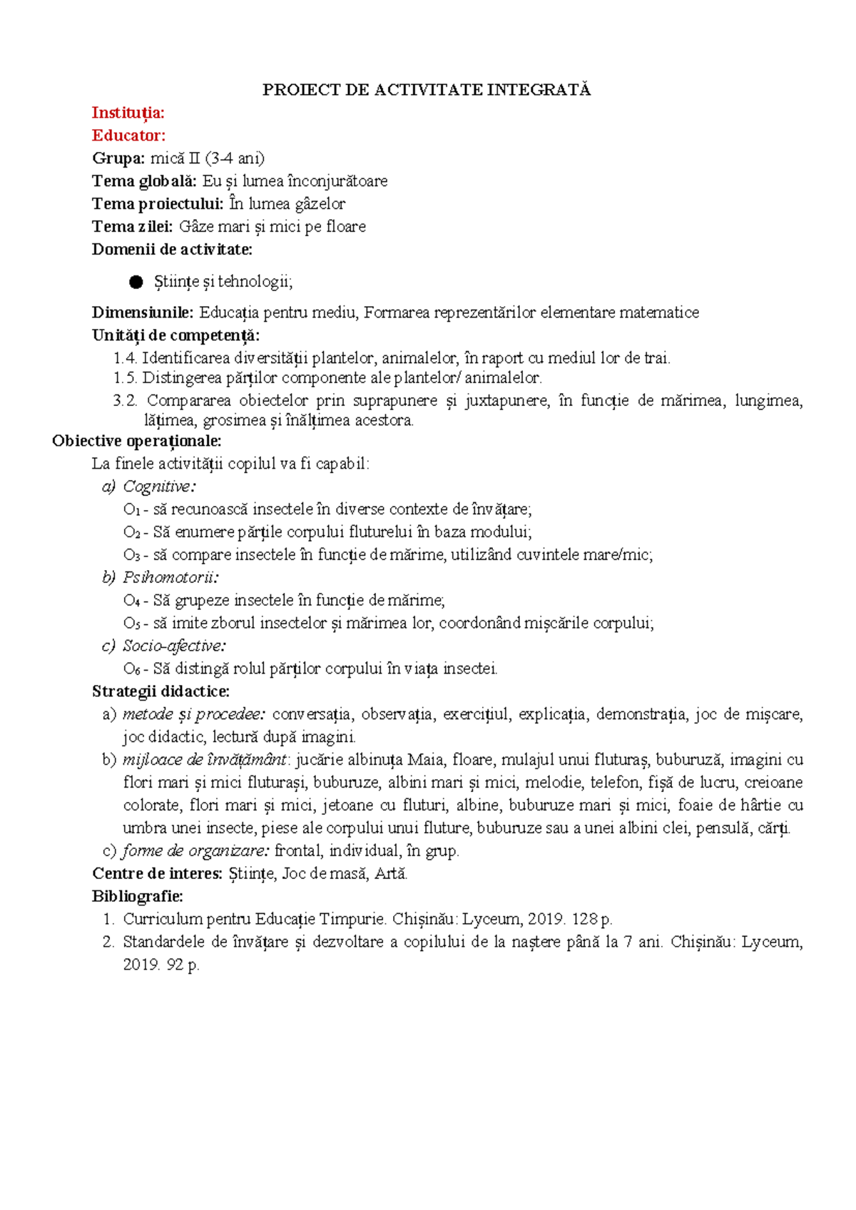 Proiect Didactic 1: Gâze Mari și Mici pe Floare - Activitate Integrată ...