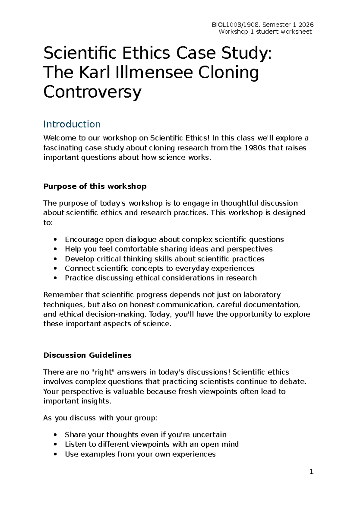 Semester 1 2026 Workshop 1: Scientific Ethics Case Study on Cloning ...
