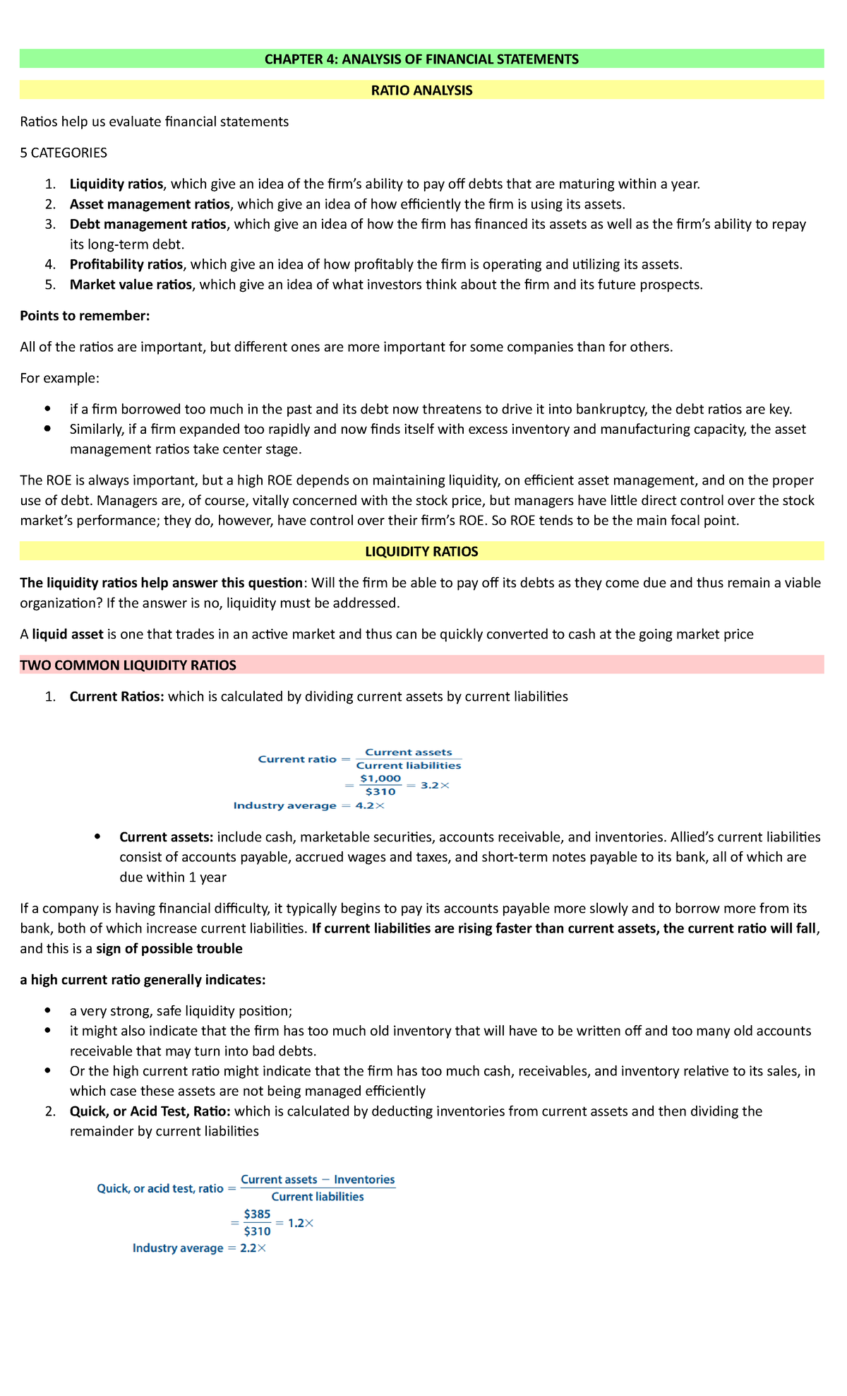 Notes Chapter 4 Financial Statement Analysis - CHAPTER 4: ANALYSIS OF ...