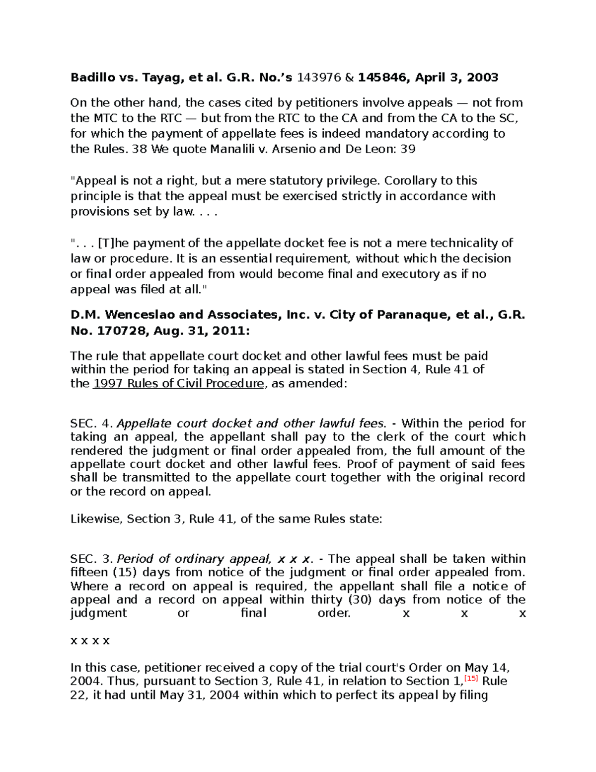 Jurisprudence on Mandatory Docket Fee Payment in Appeals - Studocu