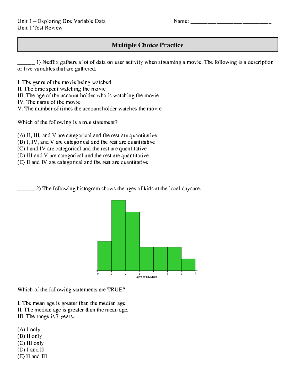 AP Stats Unit 1 Test Review and Key Answers - Studocu