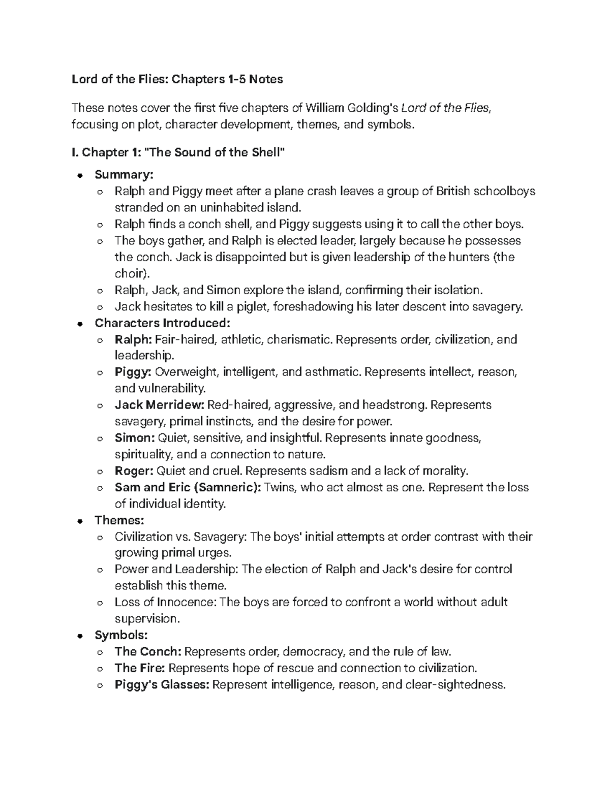 Lord of the Flies (ENG 101): Chapters 1-5 Summary Notes - Studocu