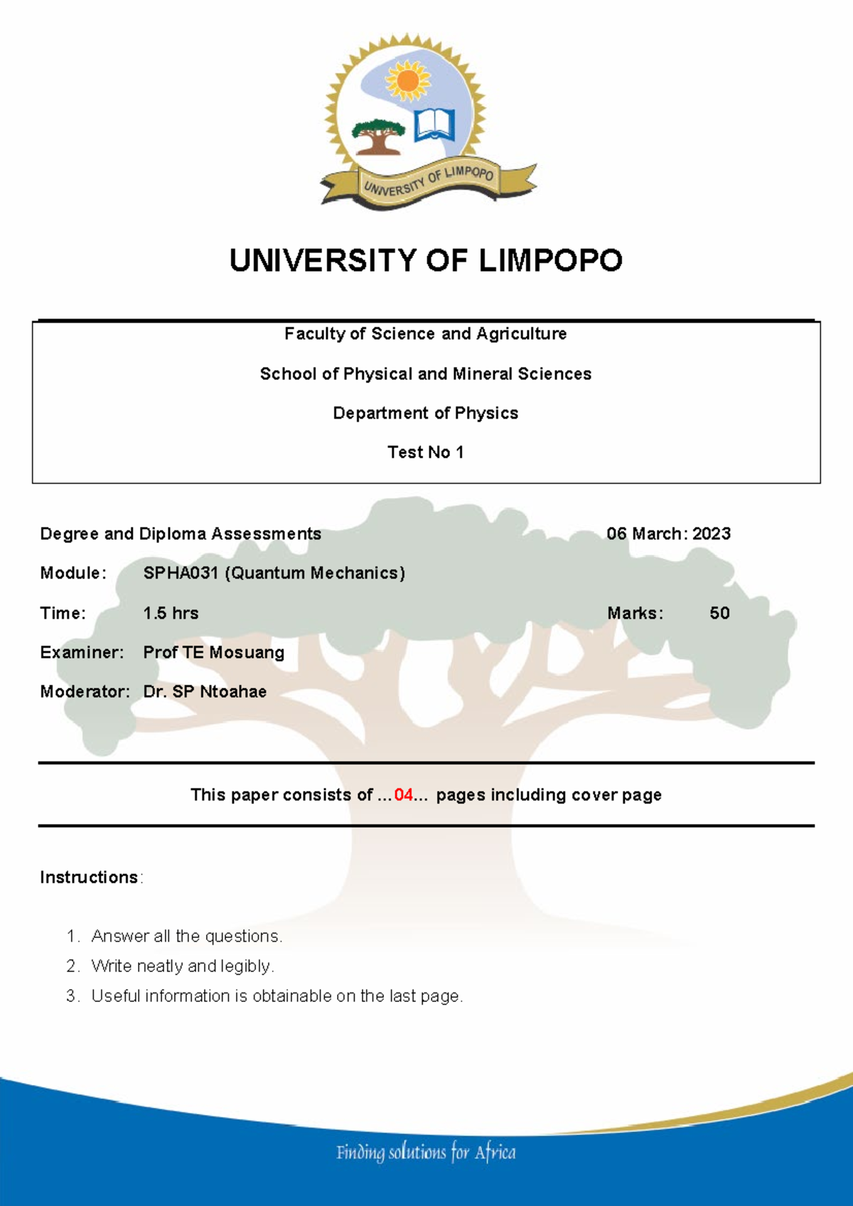 SPHA031 Quantum Mechanics Test Series - University of Limpopo - Studocu