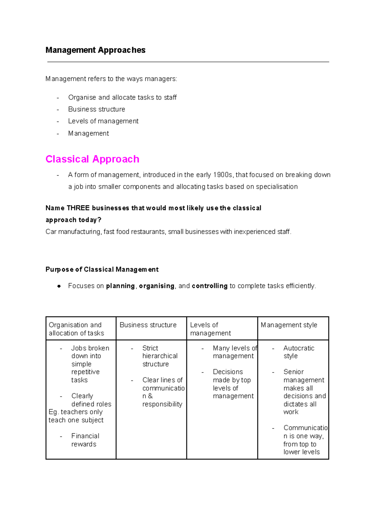 Management Approaches: Classical, Flatter, and Contingency Styles - Studocu