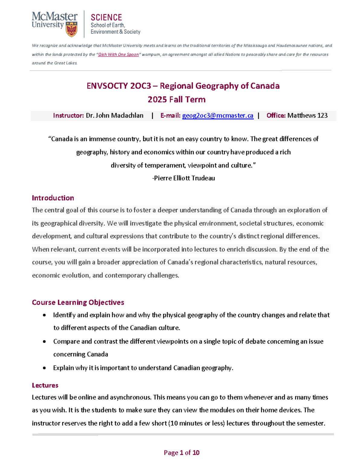 ENVSOCTY 2OC3 - Regional Geography of Canada Course Overview 2025 Fall ...