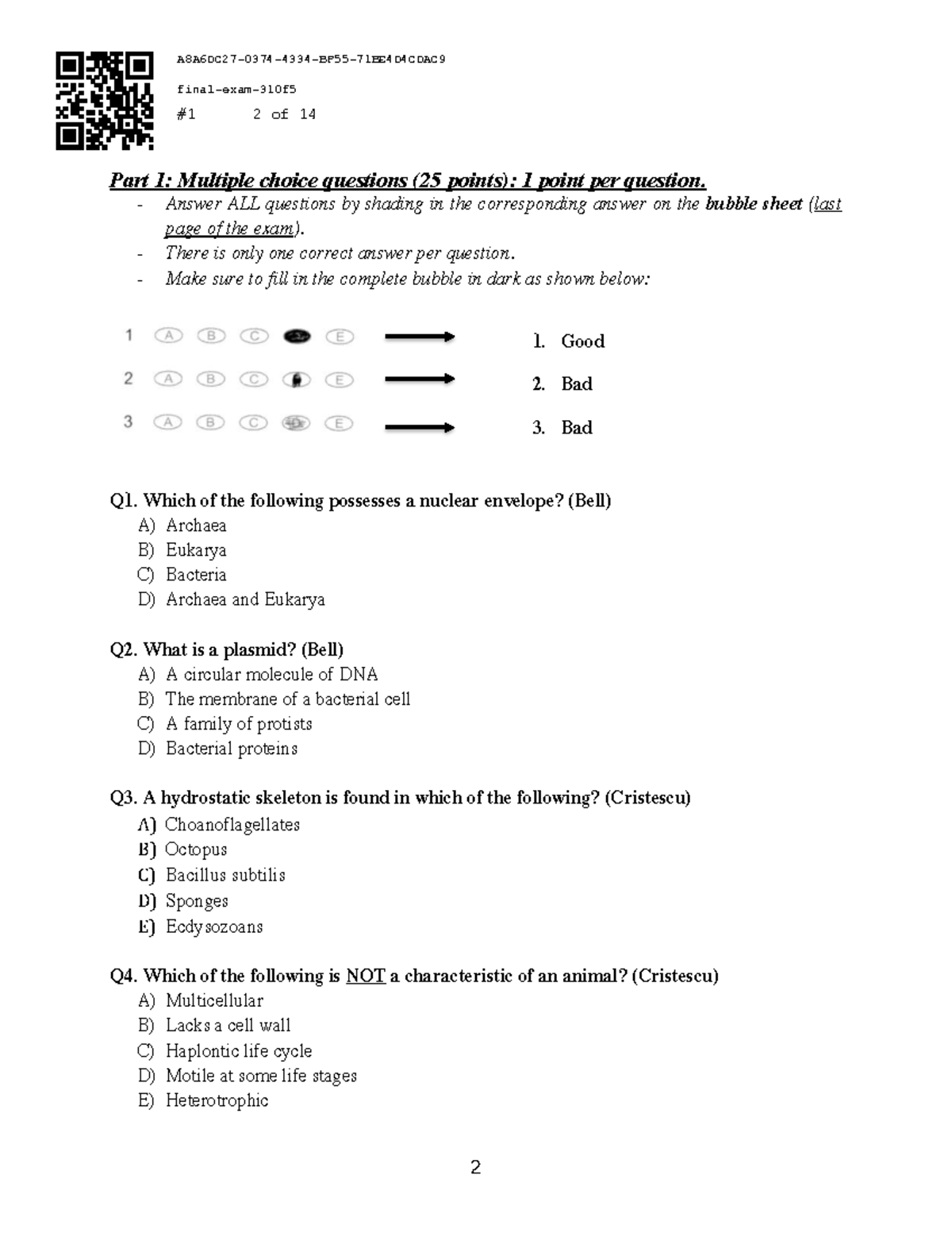 Practice Final Exam: Multiple Choice Questions (Course Code: Bell ...