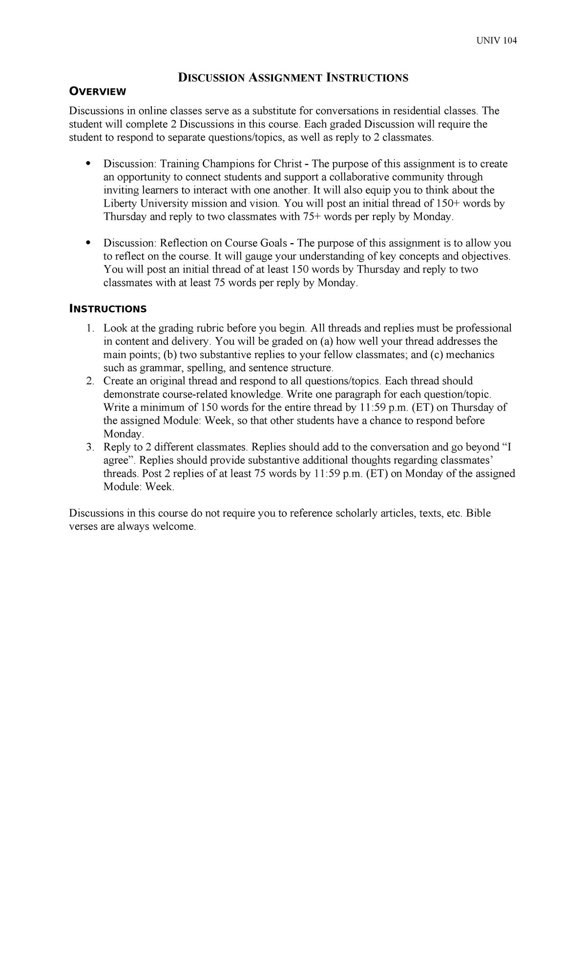 UNIV 104 Discussion Assignment Guidelines and Expectations - Studocu
