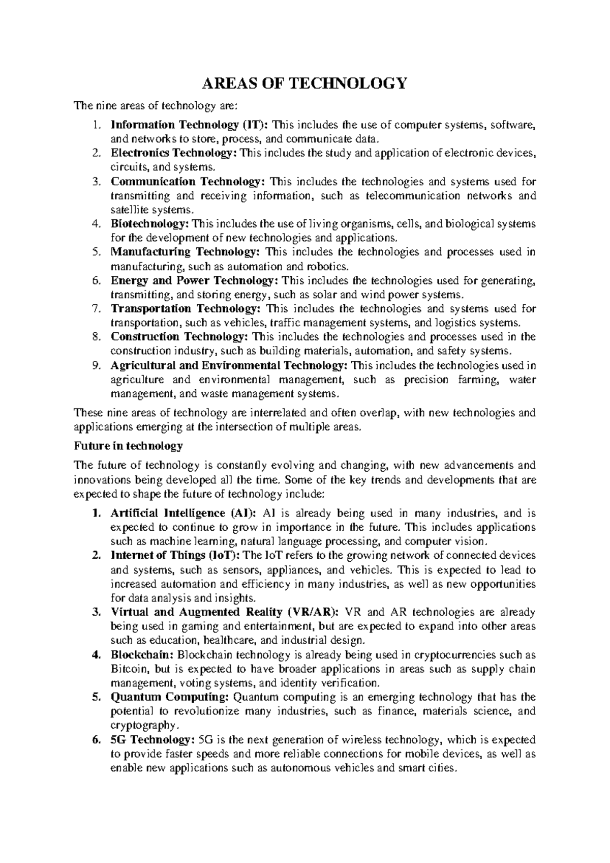 Areas OF Technology - AREAS OF TECHNOLOGY The nine areas of technology ...