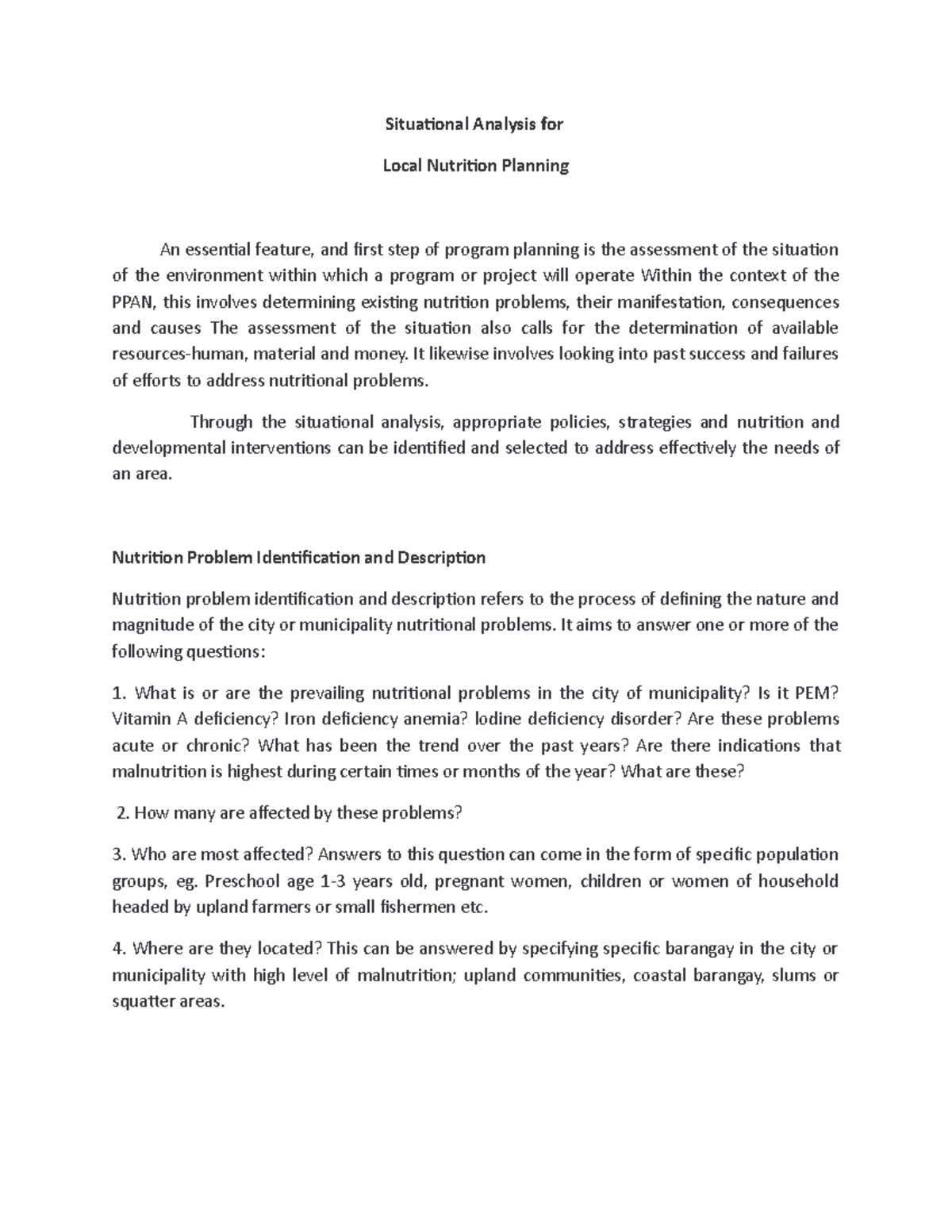 Situational Analysis for Local Nutrition Planning - Situational ...