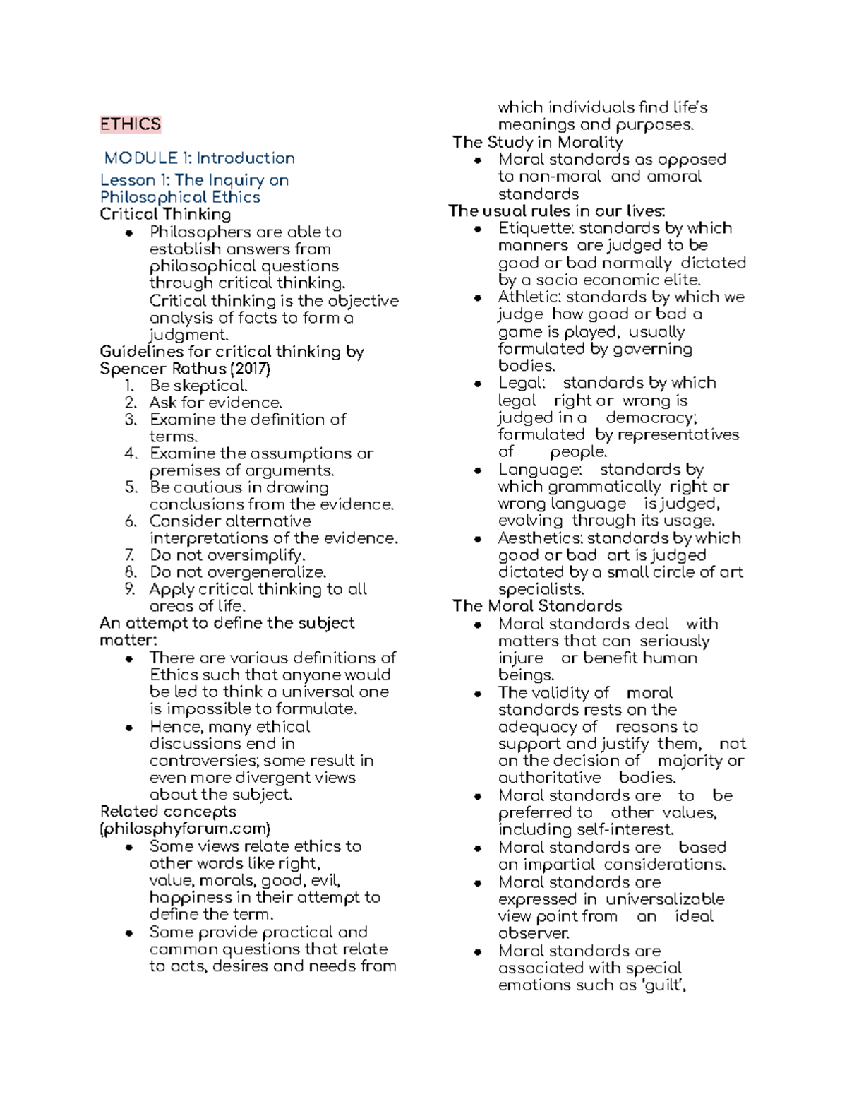 NURSING Ethics Lecture Notes: Key Concepts and Moral Standards - Studocu