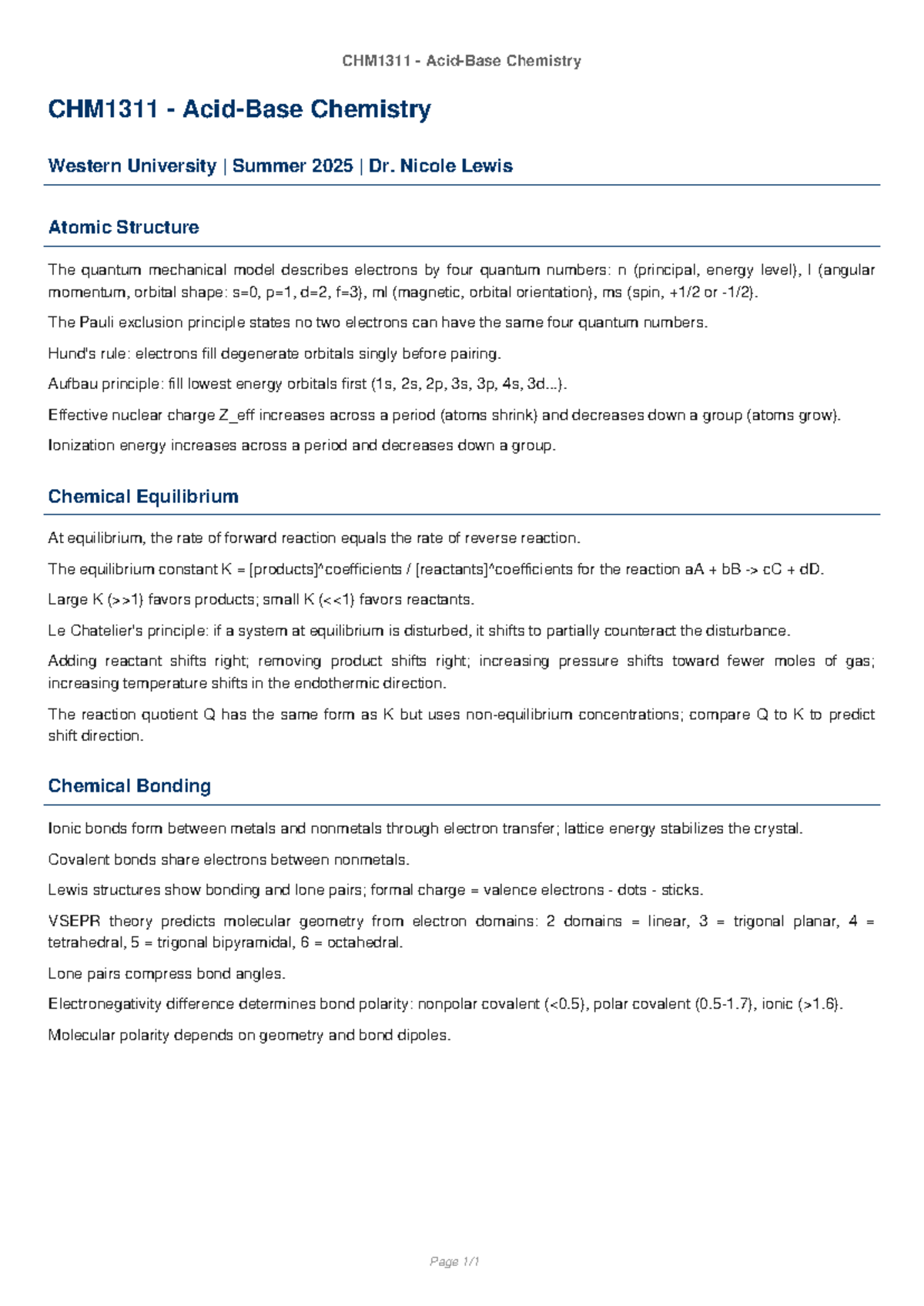 CHM1311 Study Notes: Atomic Structure & Chemical Equilibrium - Studocu
