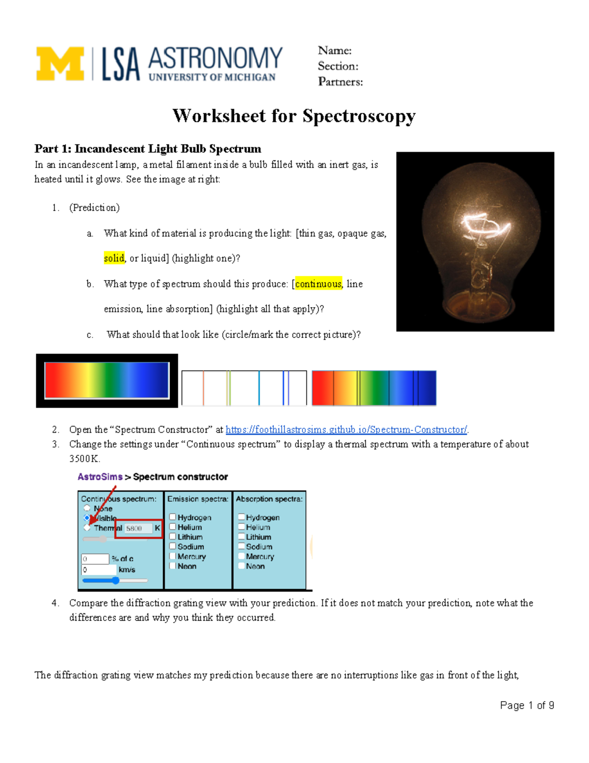 ASTRO101 Lab #4 - Spectroscopy Worksheet and Observations - Studocu