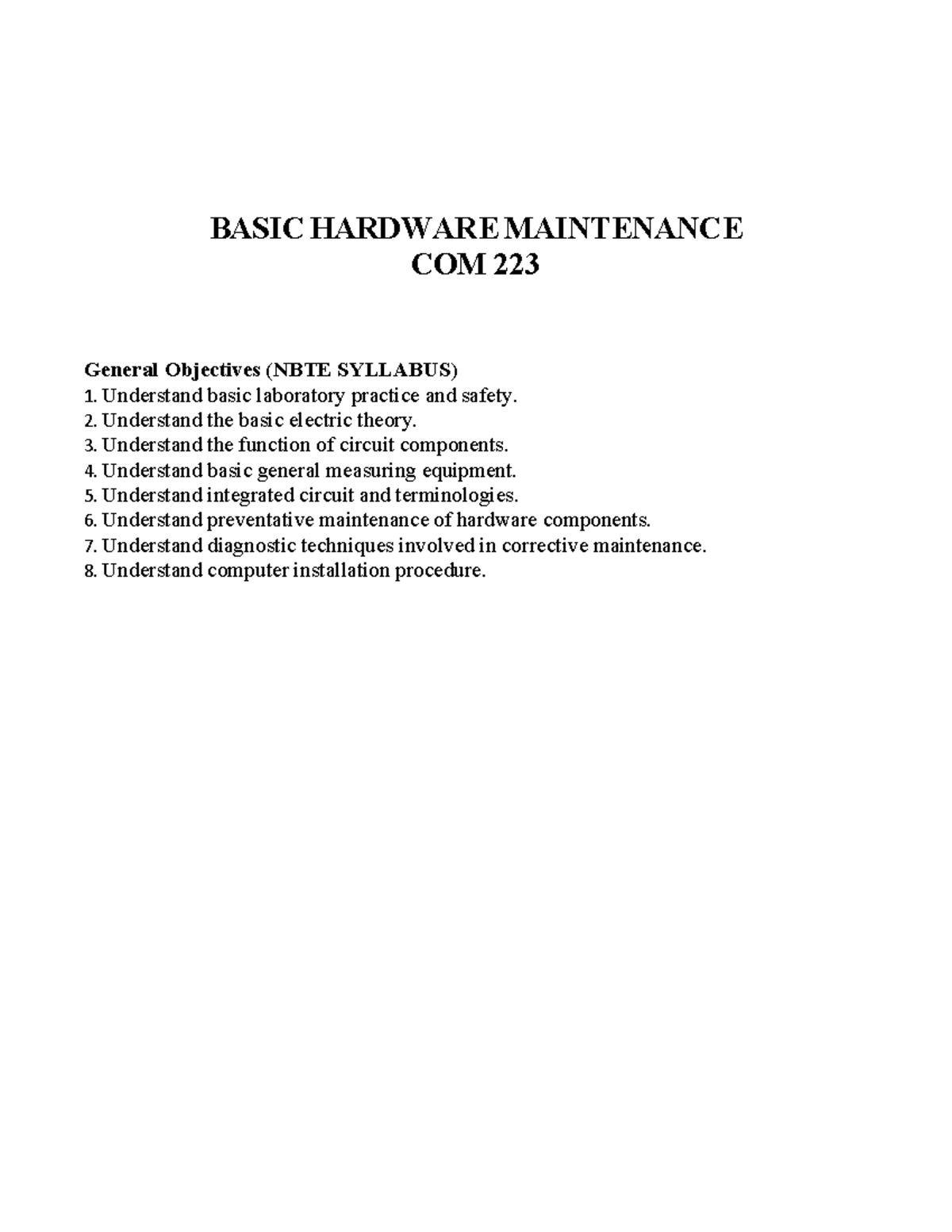 BASIC HARDWARE MAINTENANCE COM 223: Safety & Component Guidelines - Studocu