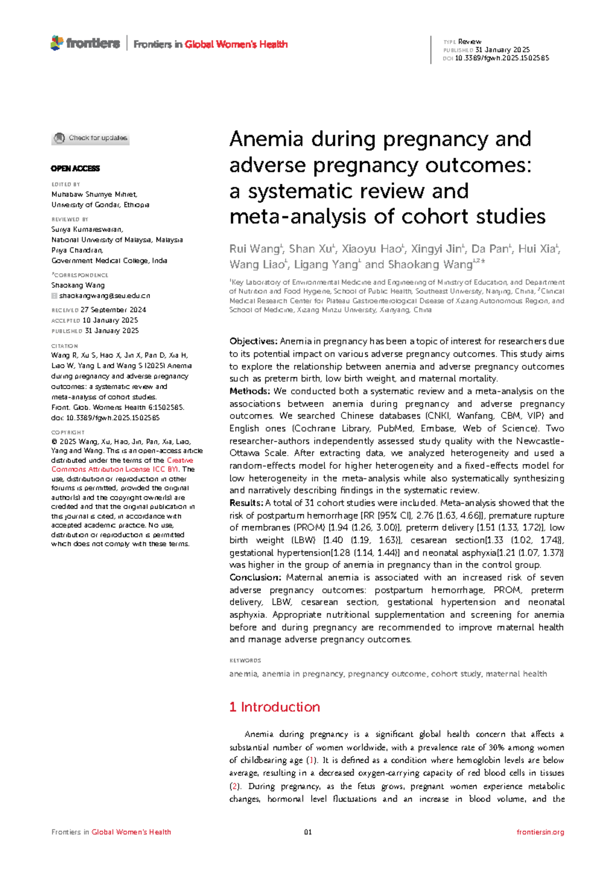 Anemia in Pregnancy and Adverse Outcomes: A Systematic Review - Studocu