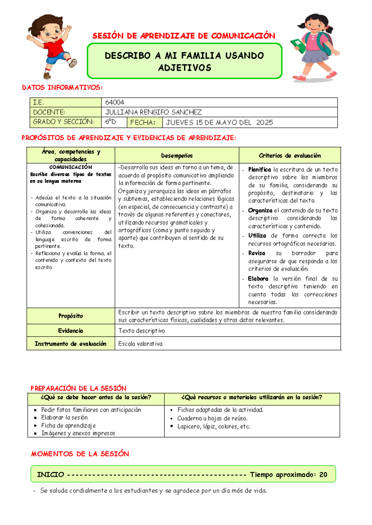 SES-64004: Sesión de Aprendizaje - Descripción de Mi Familia - Studocu
