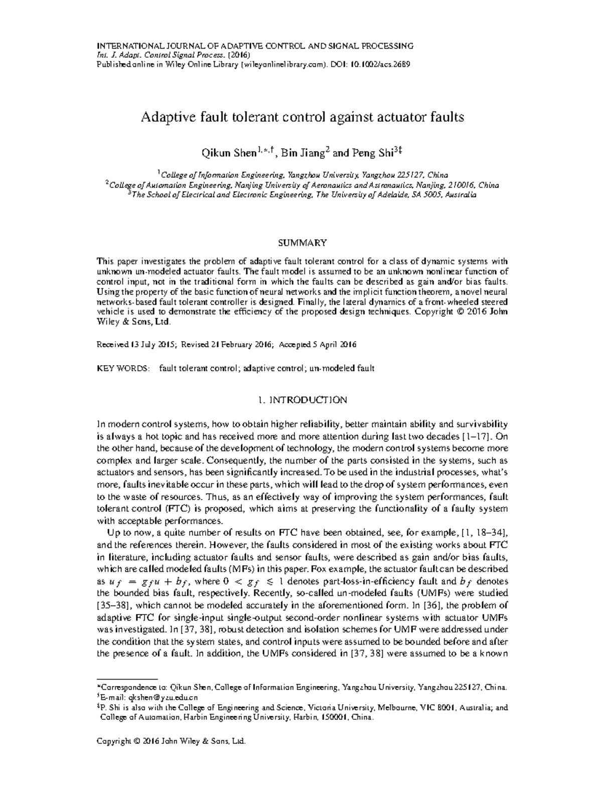 Adaptive fault tolerant control against actuator faults in dynamic ...
