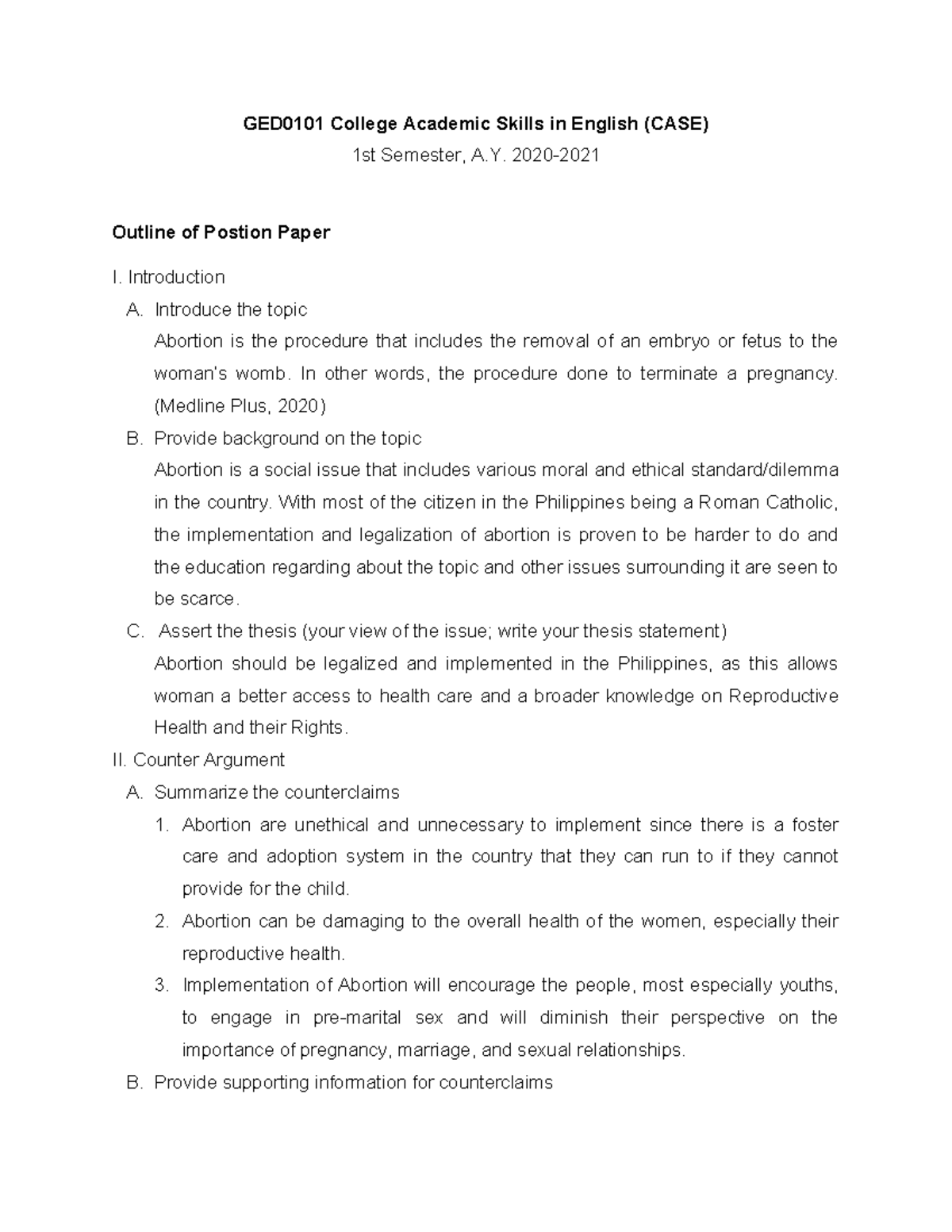 GED0101 Position Paper on Abortion: Legalization and Its Impacts - Studocu