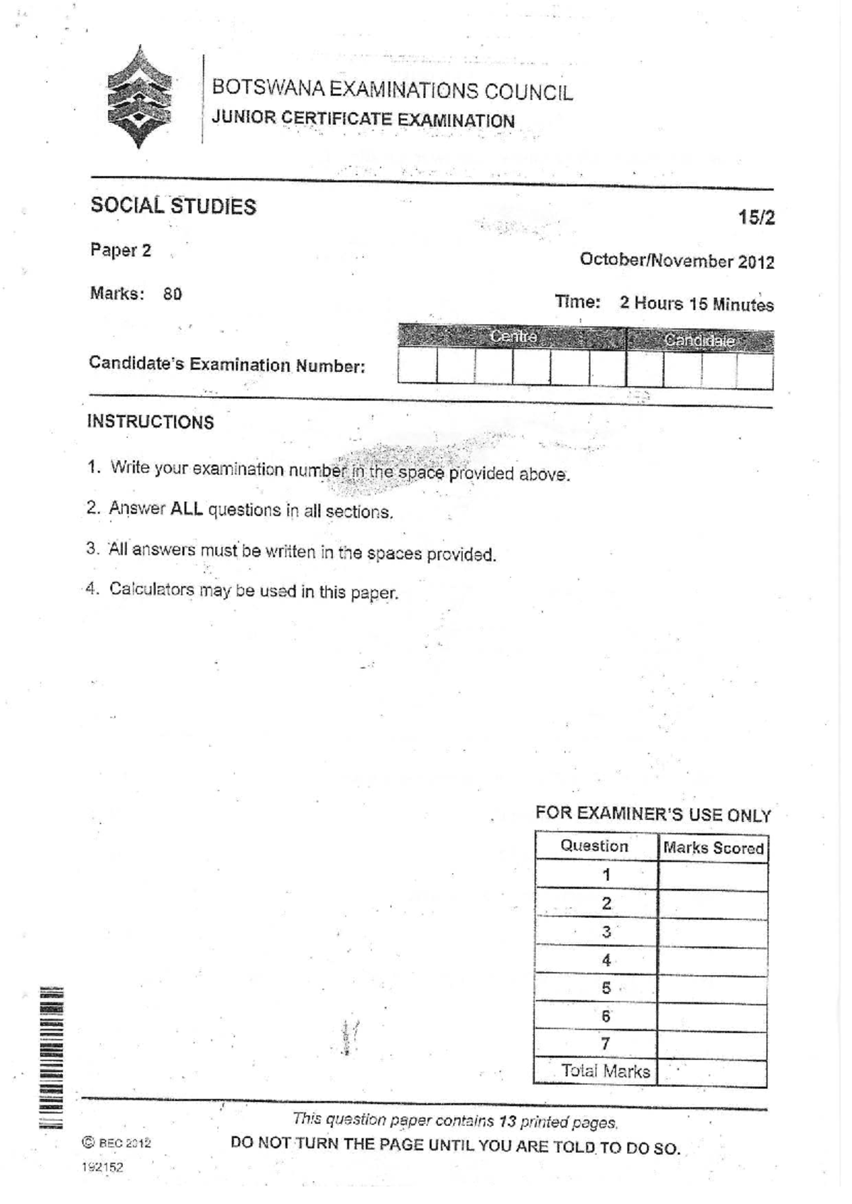 JCE Social Studies Paper 2 Exam 2012 - Botswana Examinations Council ...