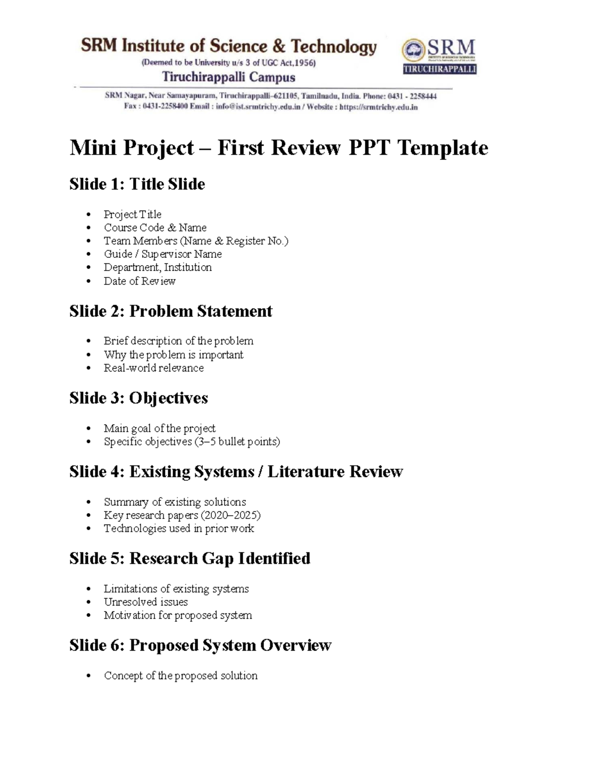 Mini Project First Review PPT Template - Course Code Details - Studocu