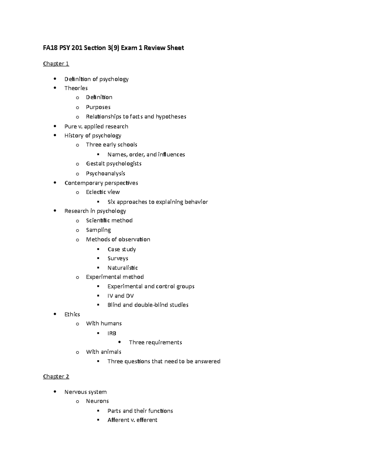 Exam 1 Review Sheet - FA18 PSY 201 Section 3(9) Exam 1 Review Sheet ...