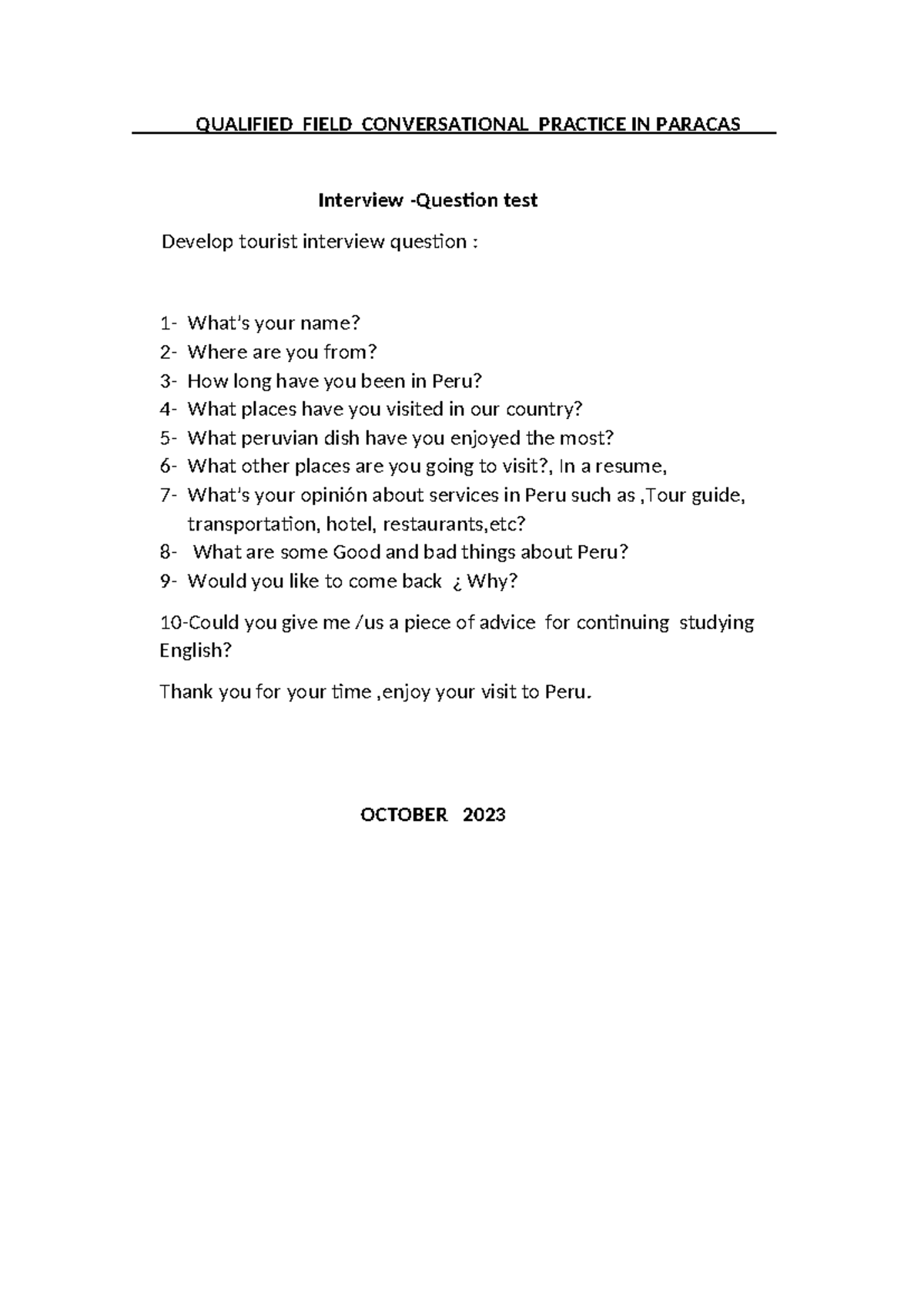 Qualified Field Conversational Practice in Paracas: Interview Questions ...