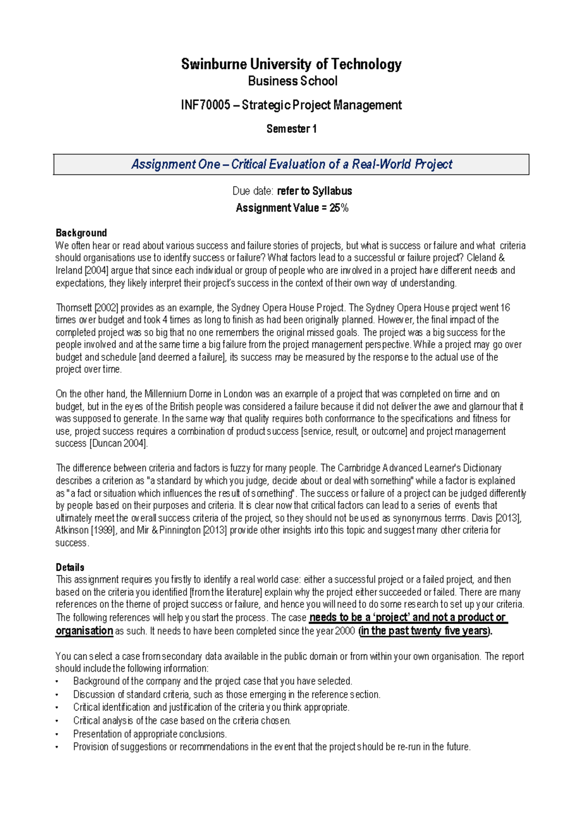 INF70005 SEM 1 2025 Assignment 1-1: Evaluation of Project Success and ...