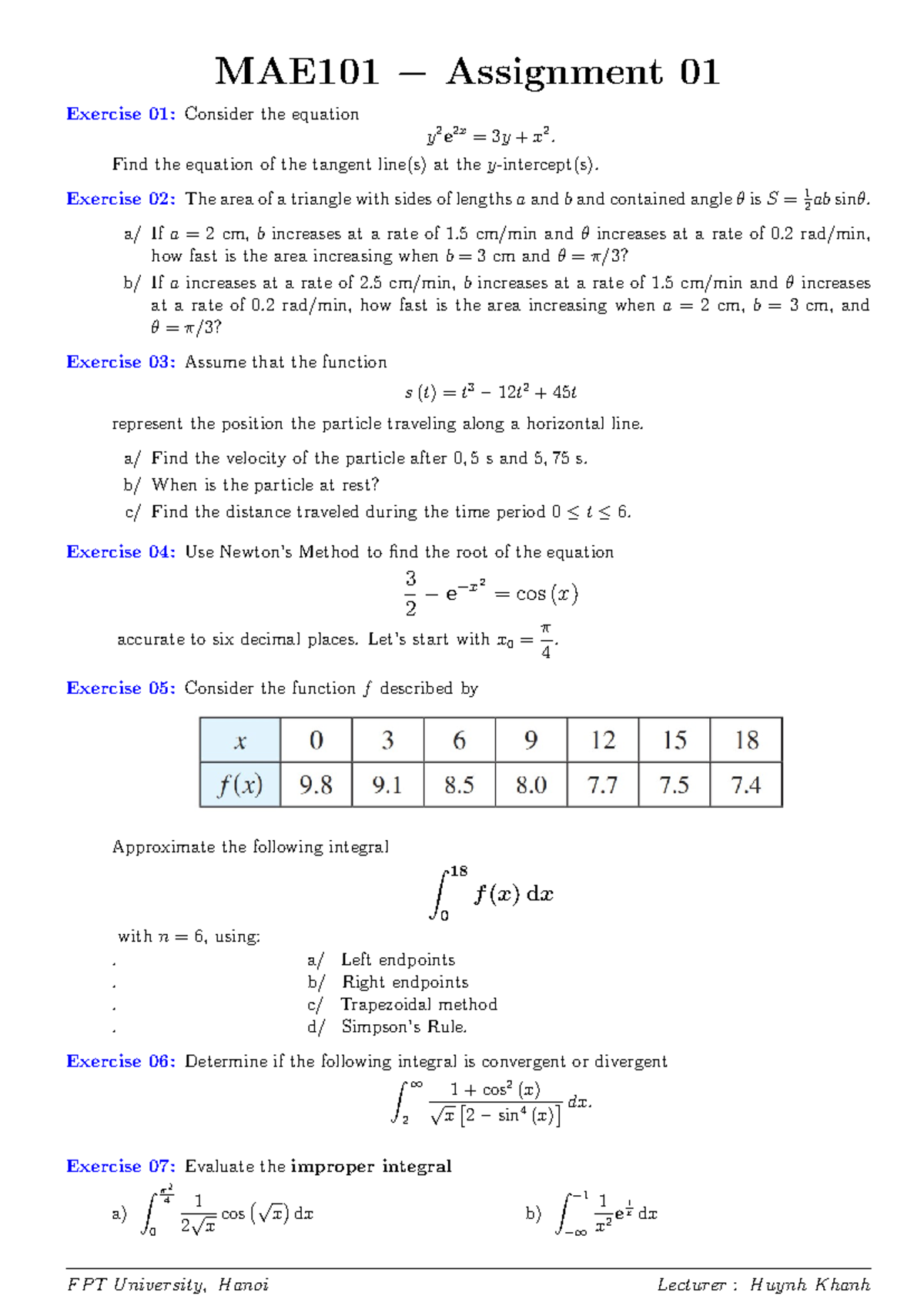 MAE101 Assignment 01: Exercises on Tangents, Areas, and Integrals - Studocu
