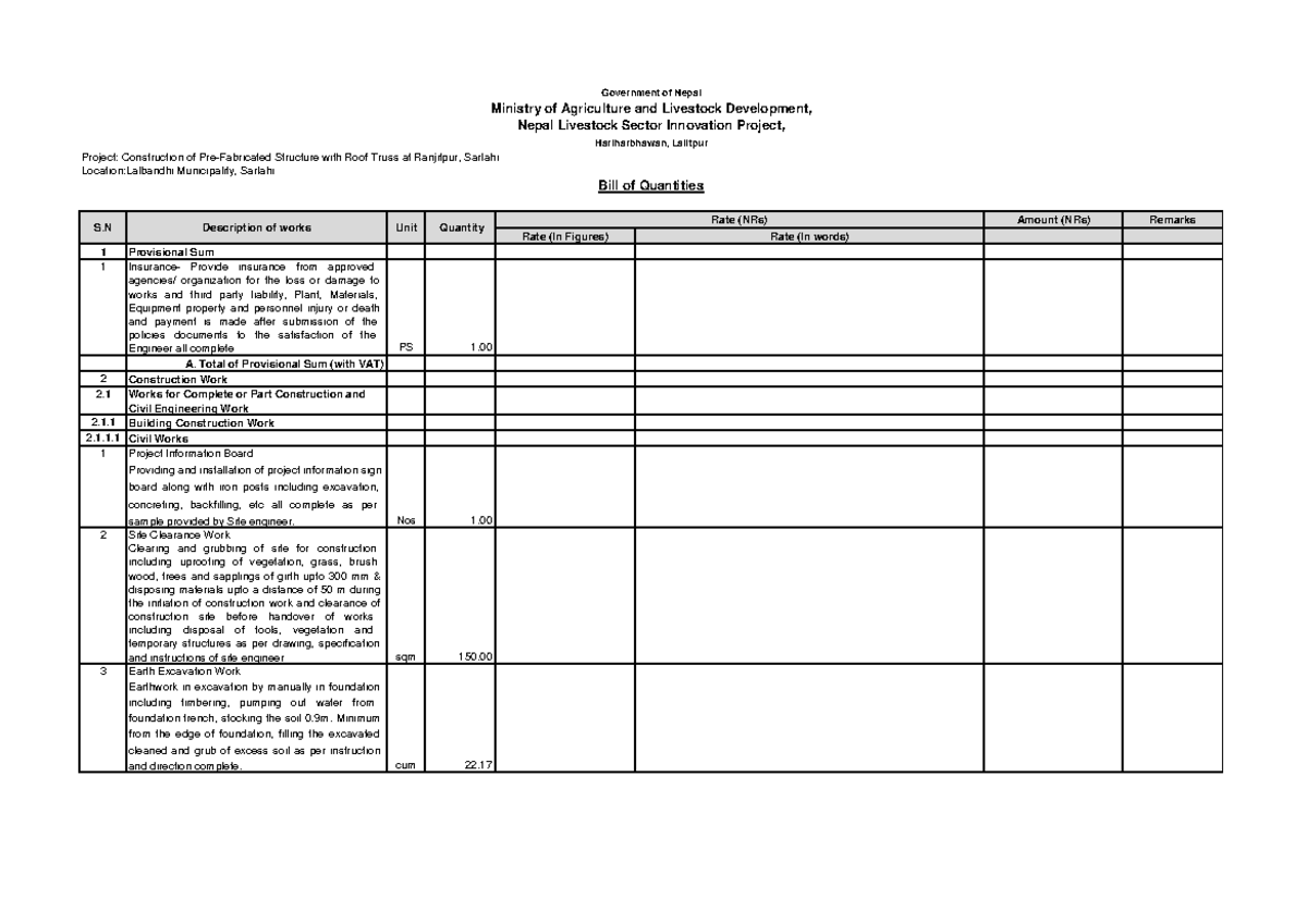 Ranjitpur Prefab Construction Bill of Quantities (BoQ) - Project ...