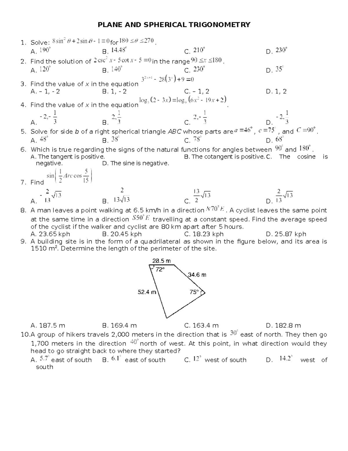 PLANE AND SPHERICAL TRIGONOMETRY 1: Problem Solving Guide - Studocu