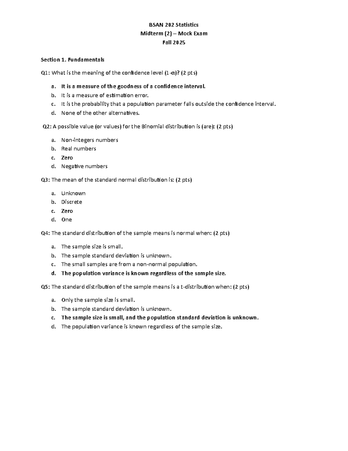 BSAN 202 Statistics Midterm 2 Mock Exam Practice Test Fall 2025 - Studocu