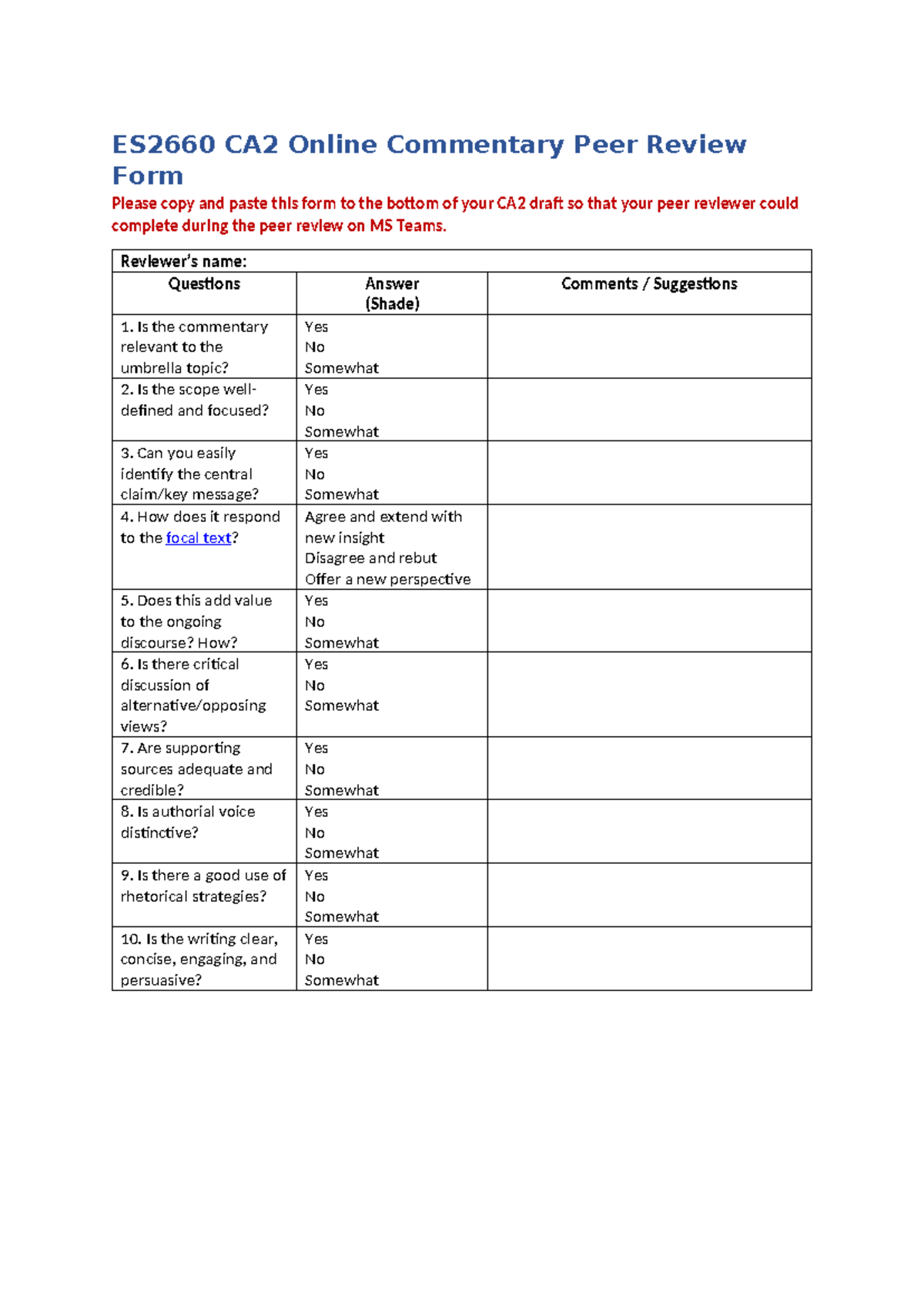 ES2660 CA2 Peer Review Form for Online Commentary Evaluation - Studocu