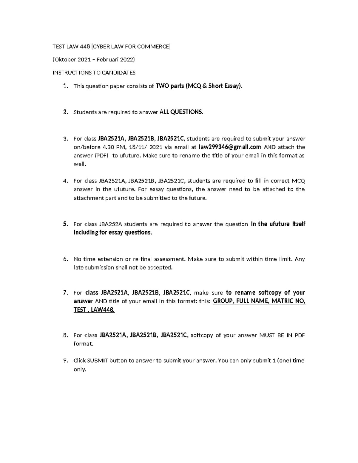 3RD SET STUDENT TEST LAW 448 (CYBER LAW) Oct2021-Feb2022 - Studocu