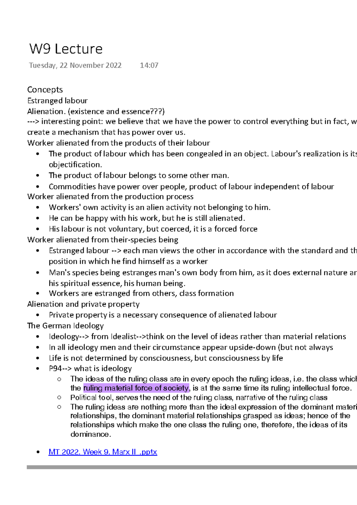 MT 2022 Week 9 Lecture: Understanding Marx's Alienation Theory - Studocu