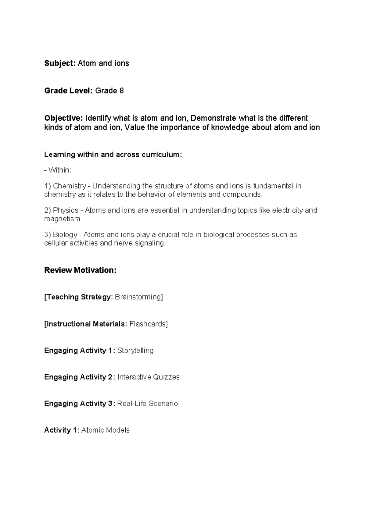 Atoms and Ions - Lesson Plan for Grade 8 Science (COT/Demo) - Studocu
