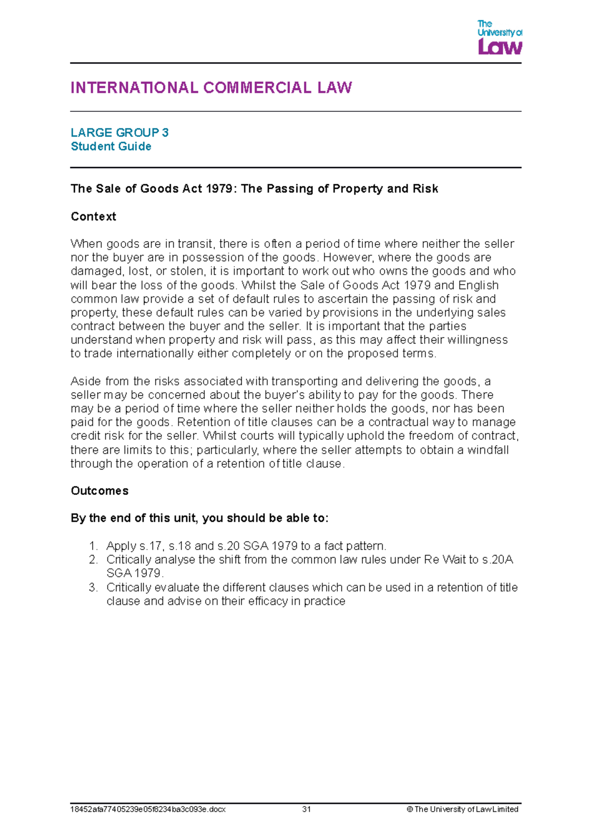International Commercial Law Unit 3 - Understanding Goods' Risk and ...