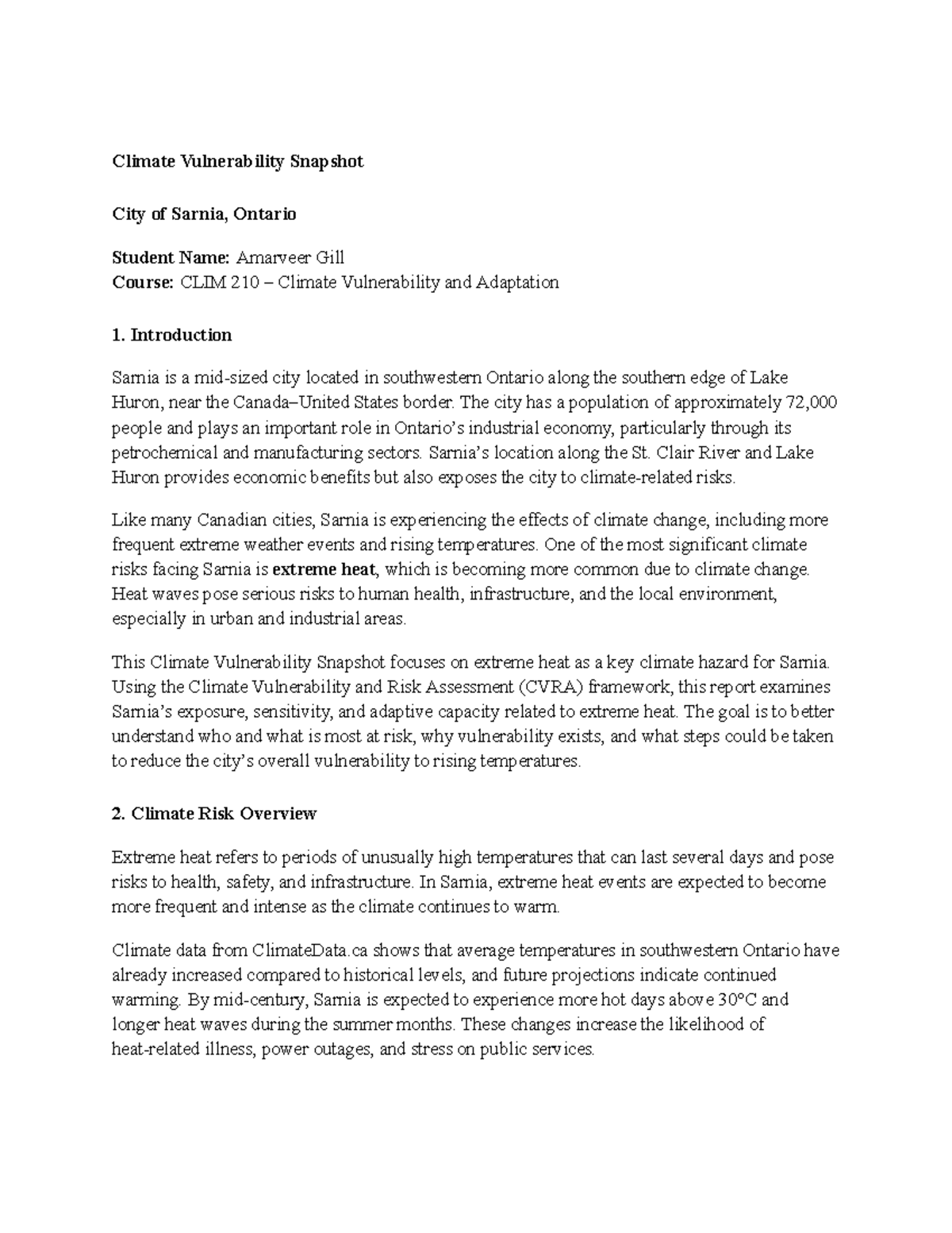 CLIM 210 Final Exam: Climate Vulnerability Snapshot of Sarnia - Studocu