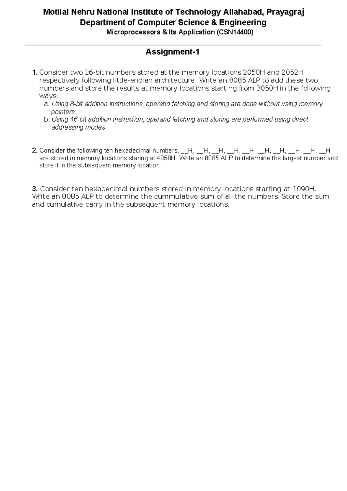 CSN14400 8085 Microprocessor Assignment - Tutorial Work - Studocu