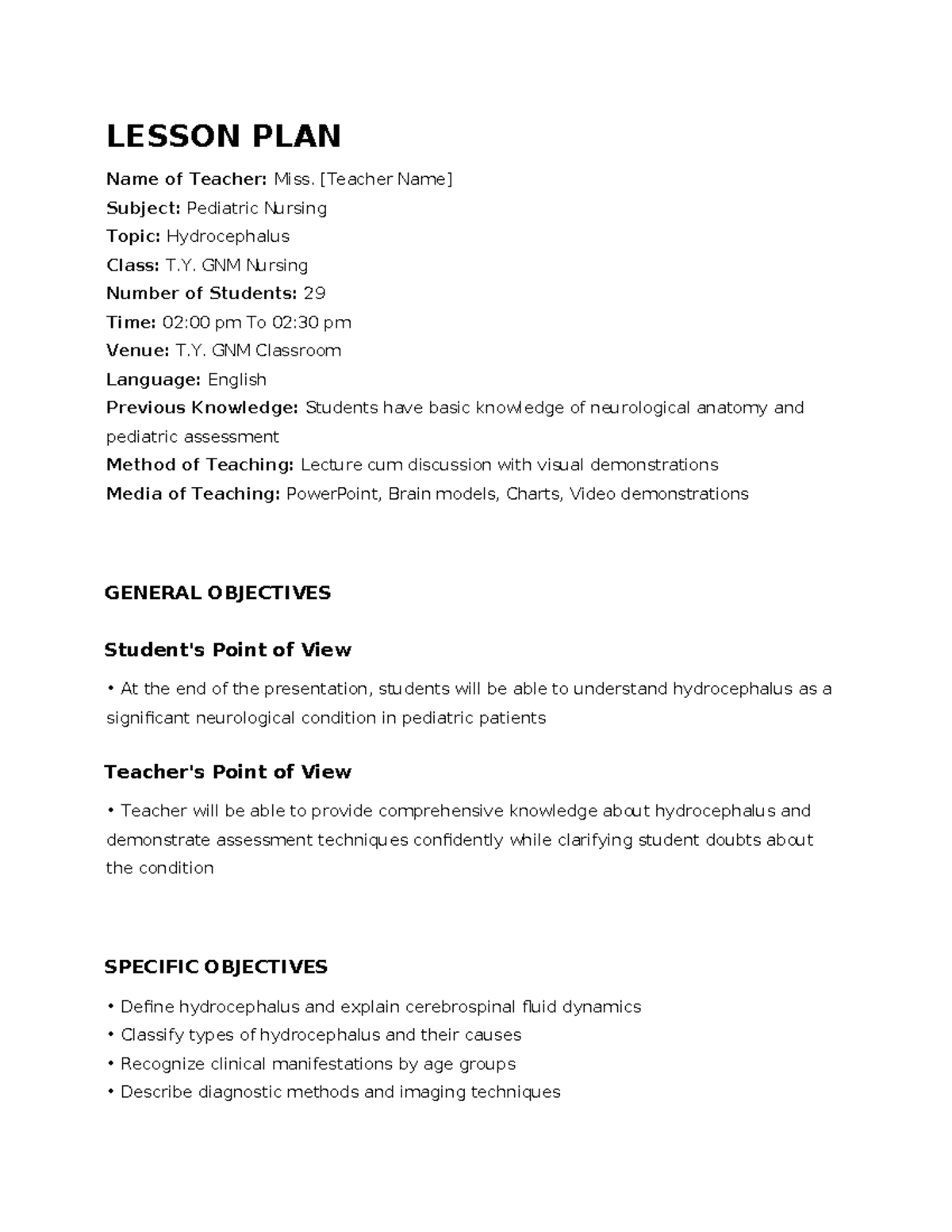 T.Y. GNM Nursing Lesson Plan: Understanding Hydrocephalus - Studocu
