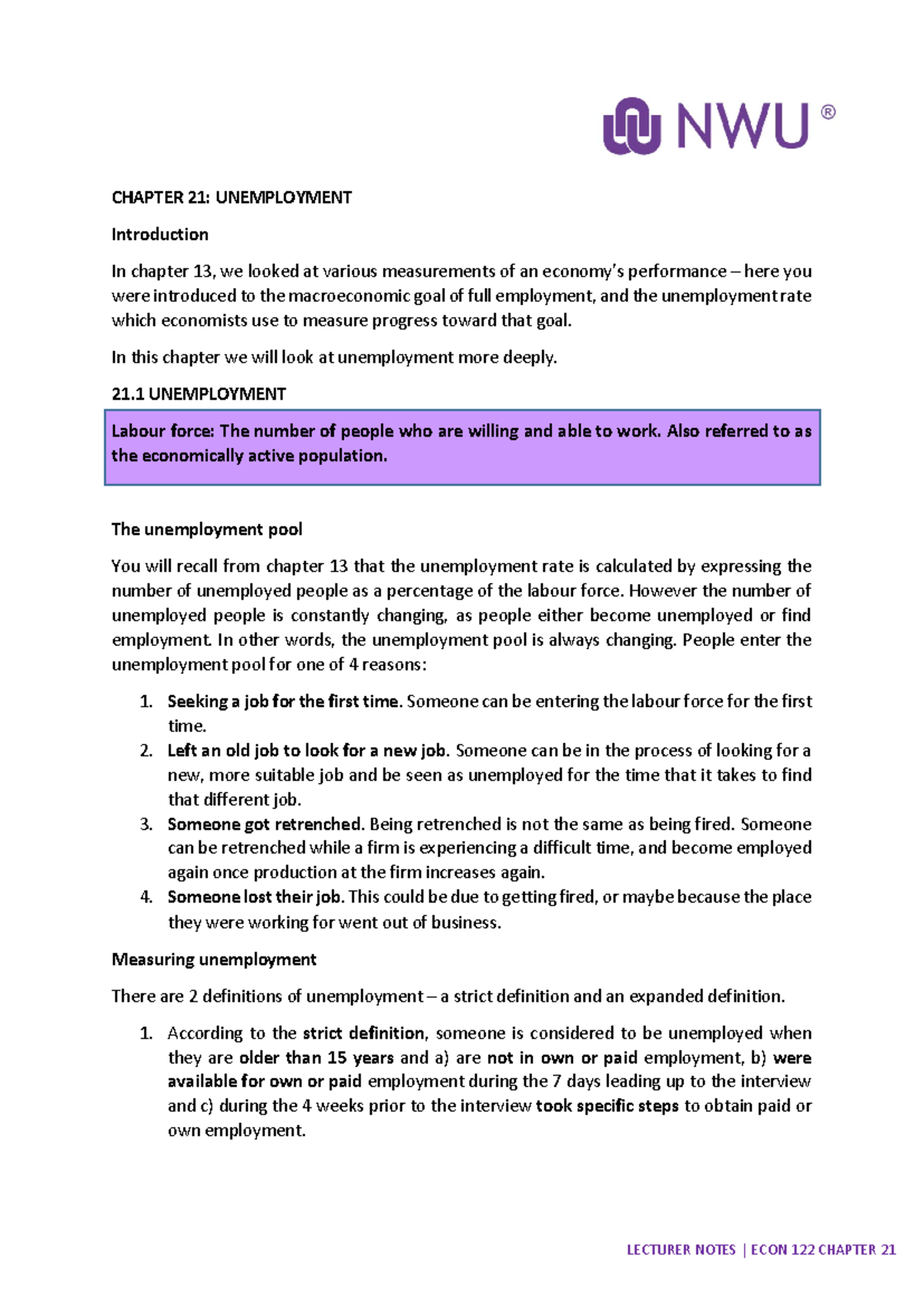 Lecture Notes on Unemployment & Inflation (ECO 101) - Ch. 21 Overview ...