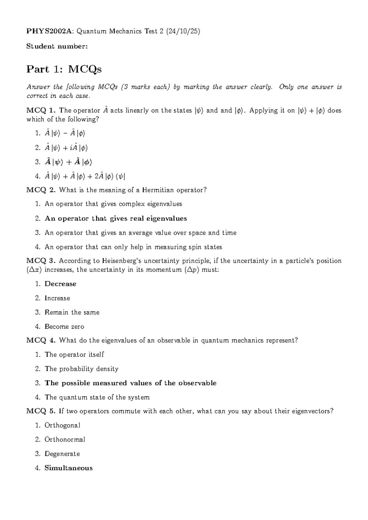 PHYS2002A: Quantum Mechanics Test 2 Solutions and Answers - Studocu