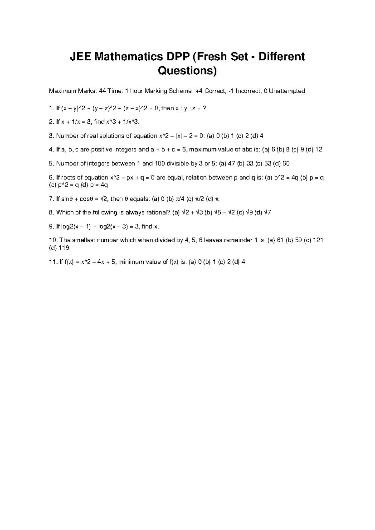 JEE Mathematics DPP - New Set of Questions for Practice - Studocu