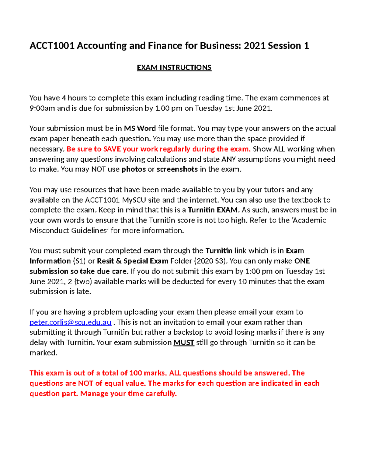 ACCT1001 Final Exam Instructions & Key Concepts Summary 2021 S1 - Studocu