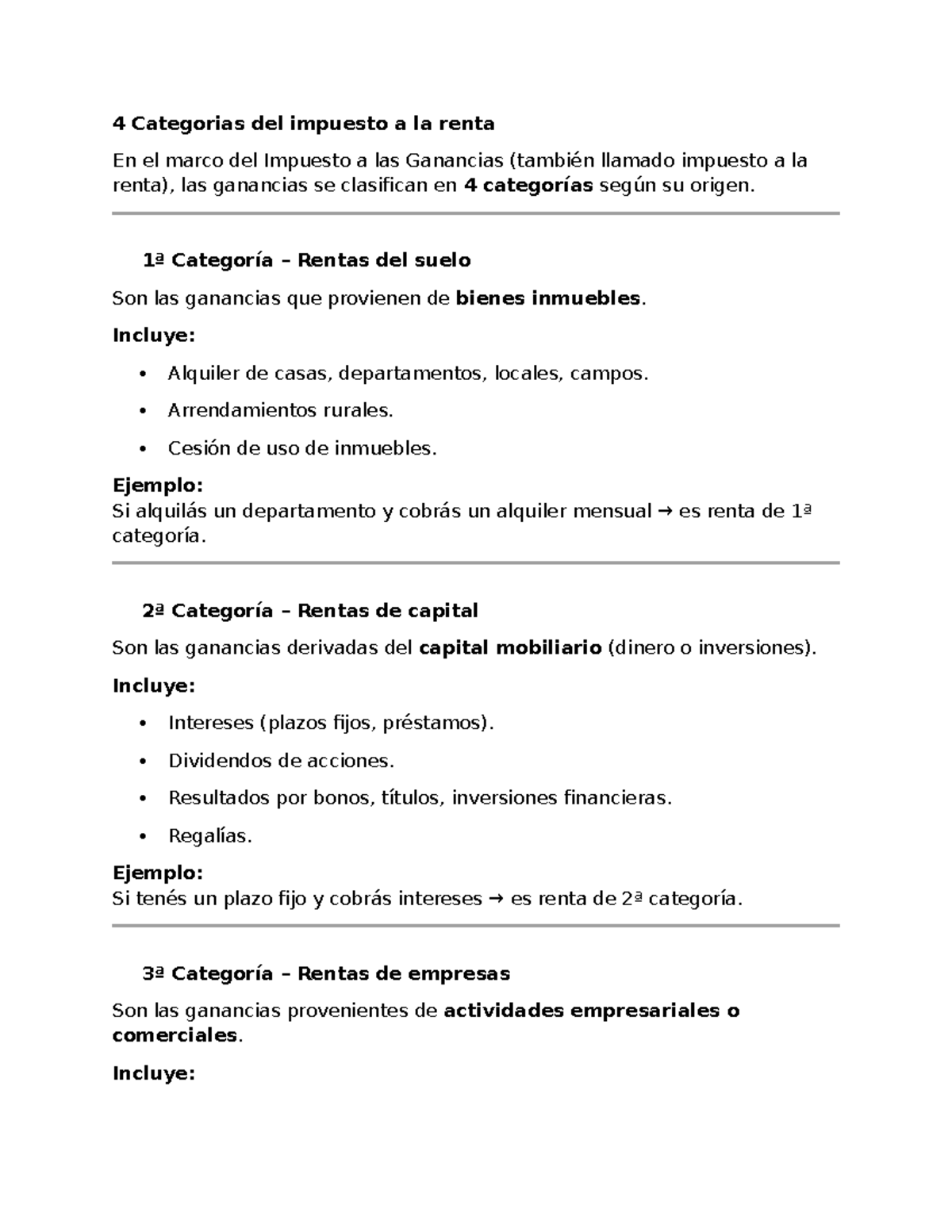 4 Categorías del Impuesto a la Renta: Clasificación y Ejemplos - Studocu