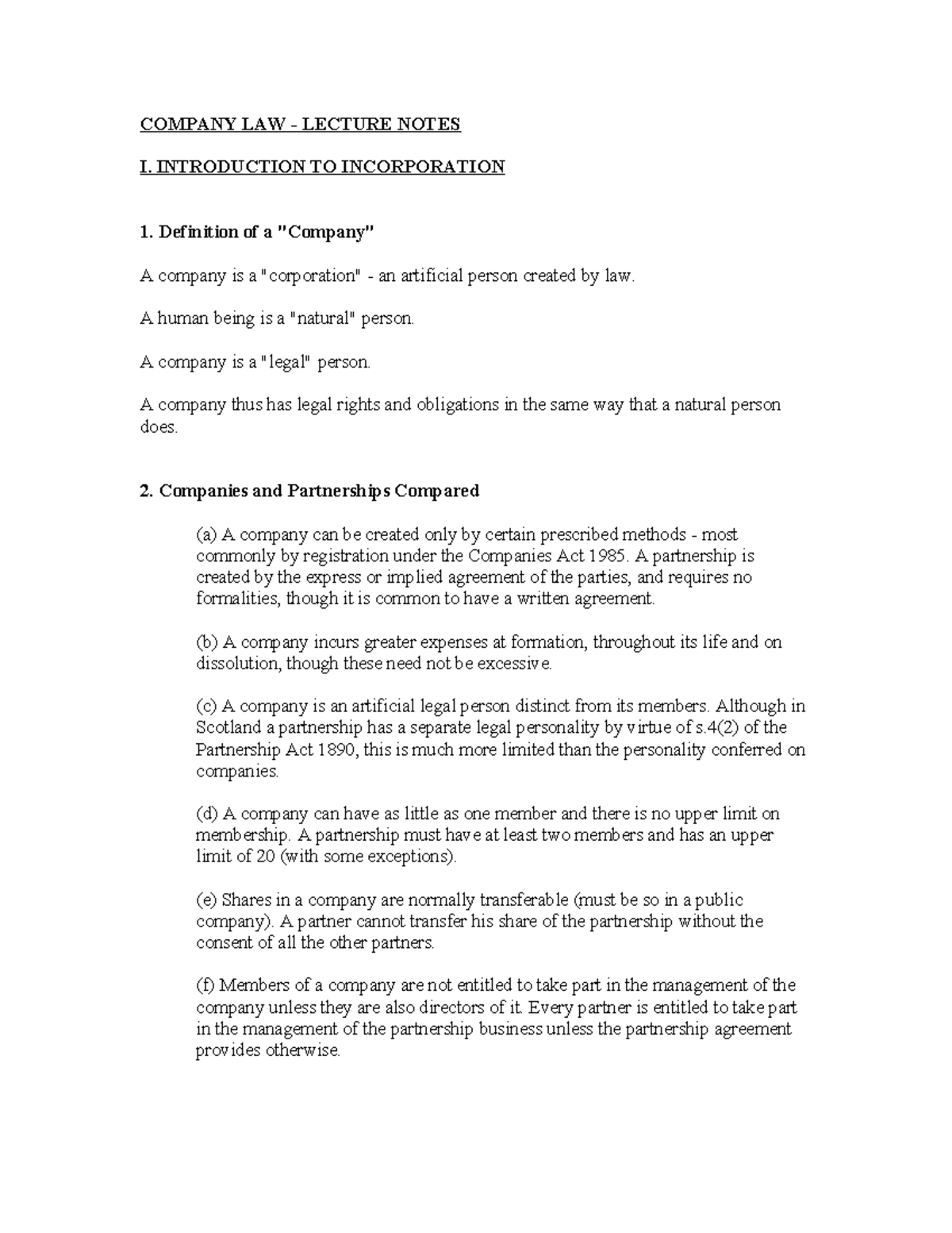 COMPANY LAW 101 - LECTURE NOTES ON INCORPORATION AND LIABILITY - Studocu