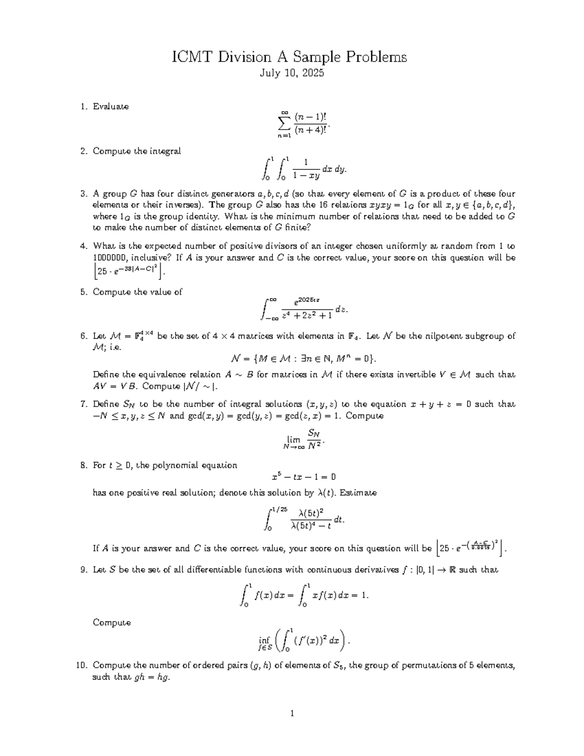 ICMT Division A Sample Problems - Practice Problems - Studocu