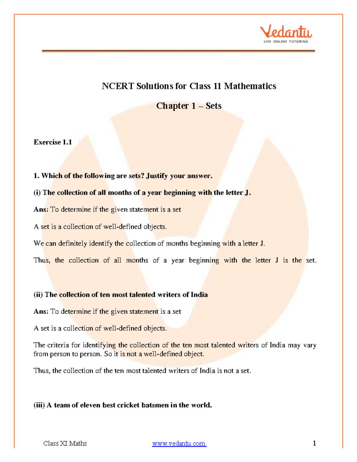 Ncert Solutions For Class 11 Maths Chapter 1 Sets - Free Pdf Download 