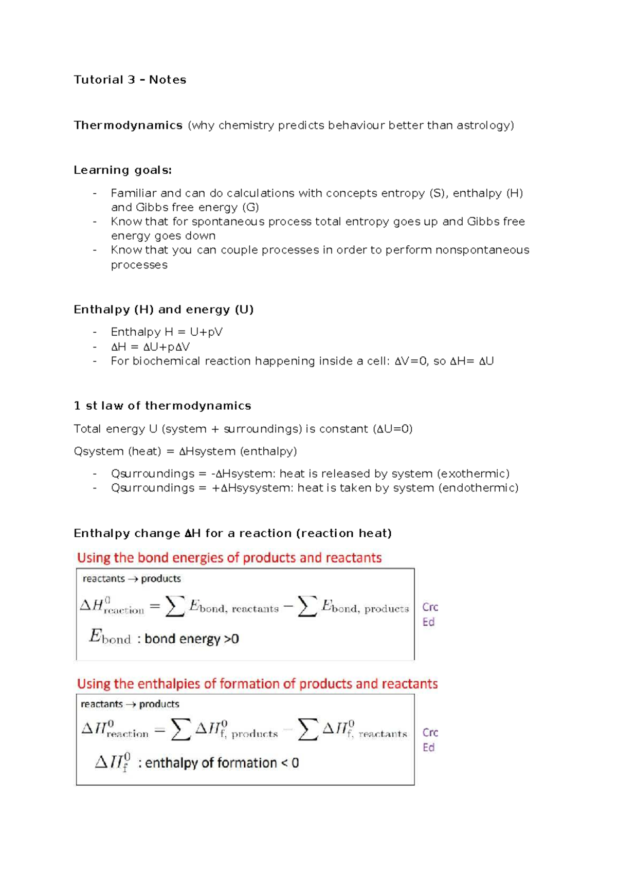Tutorial 3 Notes: Thermodynamics and Spontaneous Processes - Studeersnel