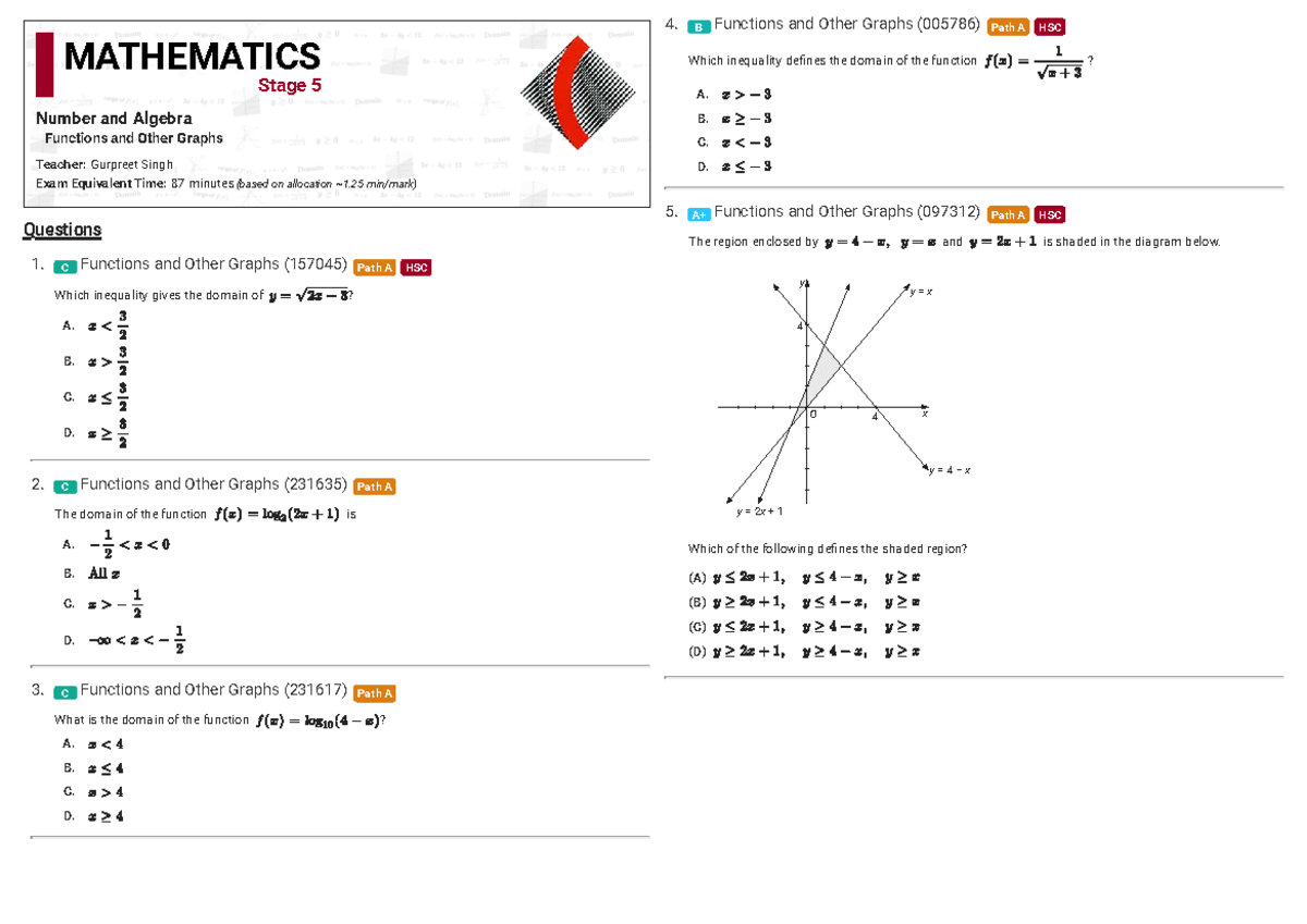 Functions and Other Graphs (097312) HSC Exam Study Guide - Studocu